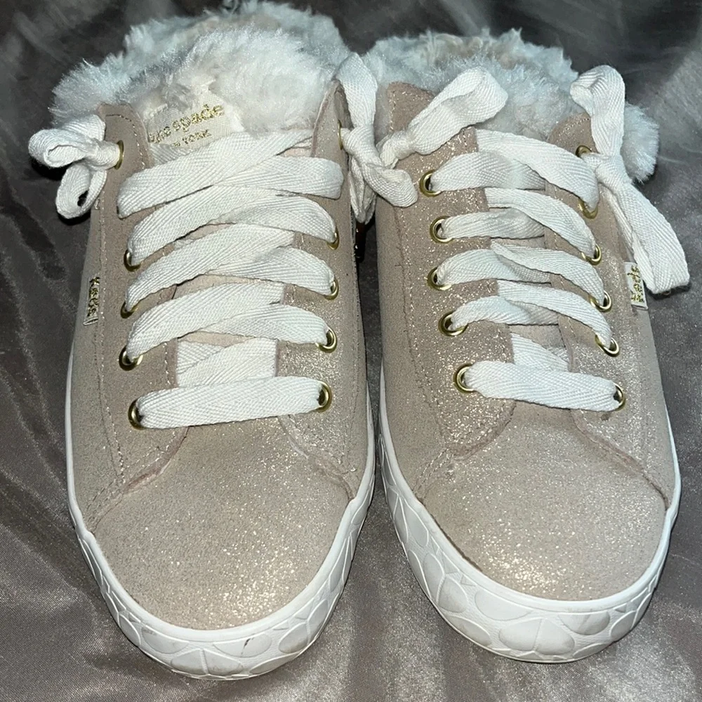 Kate Spade Keds Tan Sparkle Fur Trim Slip On Tennis Shoes size 7 - Picture 5 of 9